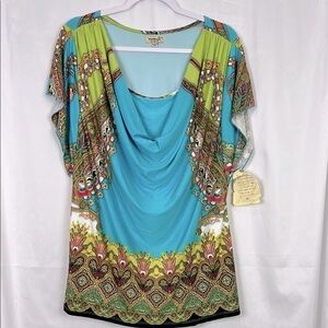 One World NEW Women’s 1X Live & Let Live Green Blue Short Sleeve Stretch‎ Blouse